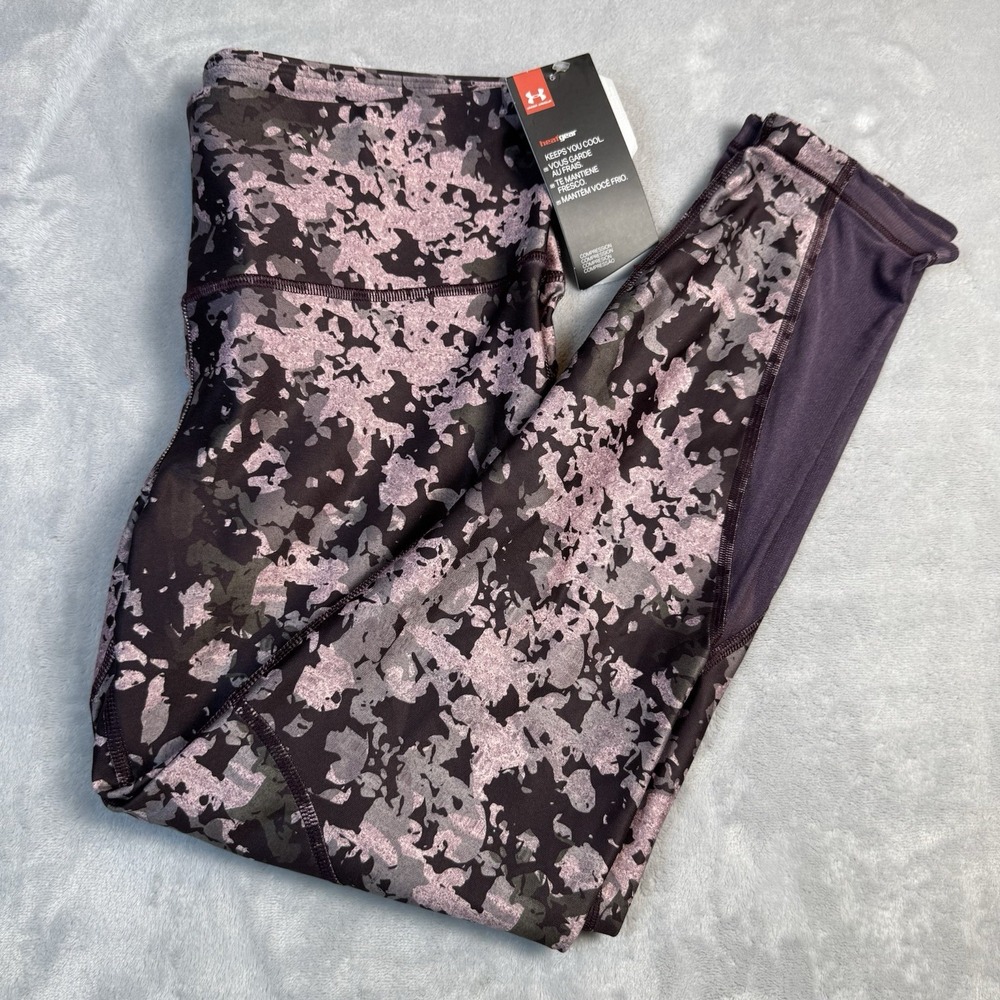 Under Armour Womens HeatGear Compression Leggings Purple Camo Mesh 1329492 L NWT